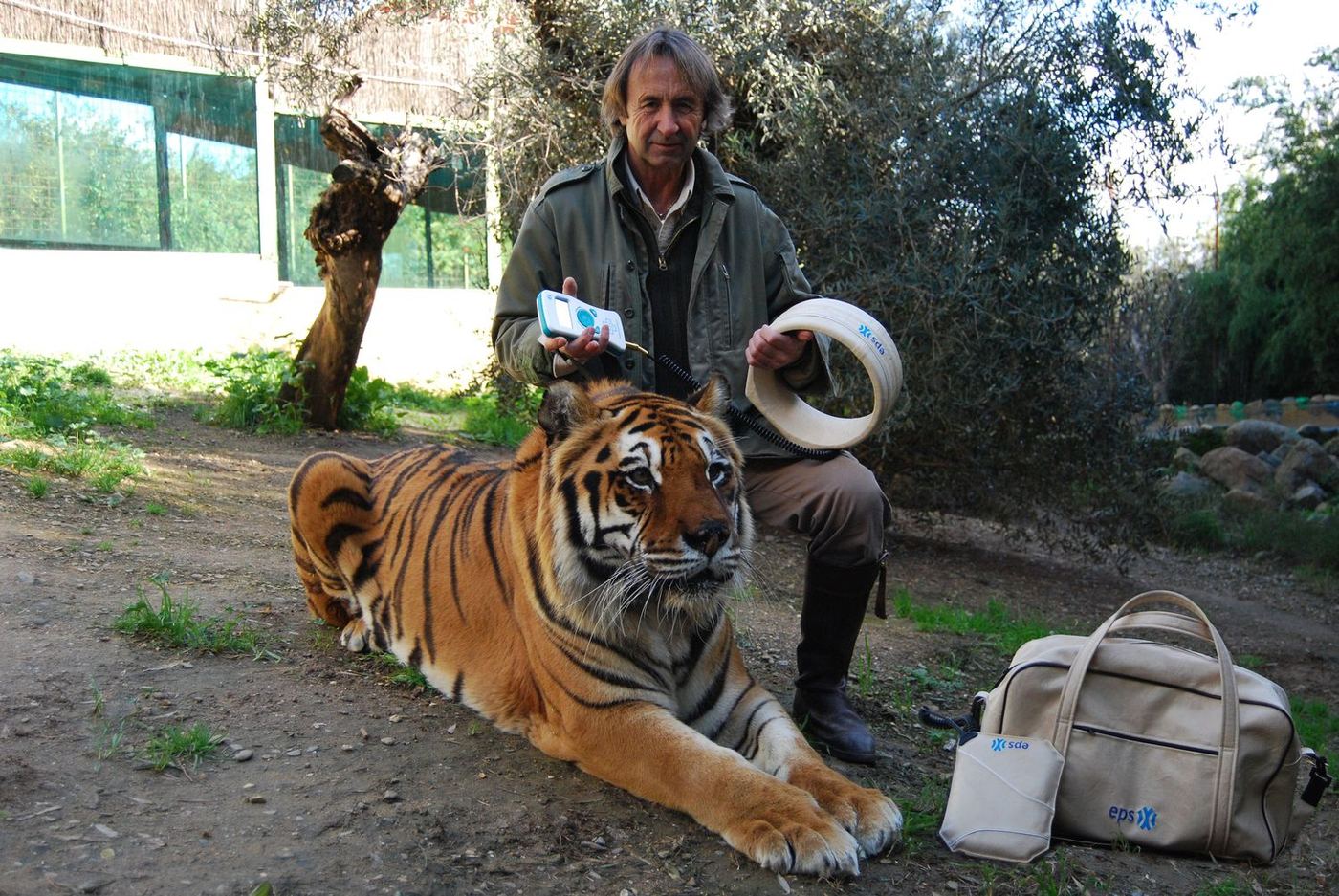 Juan Luis Malpartida sentado junto a un tigre tumbado y tranquilo en un jardín
